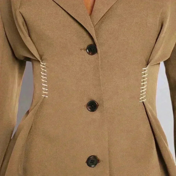 Camel Elegant Women's Pleated Flare Hem Button Up Blazer - Picture 5 of 5